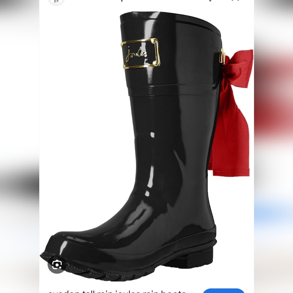 Joules Evedon Glossy Black Boots with Red Ribbon Women's Size 9
